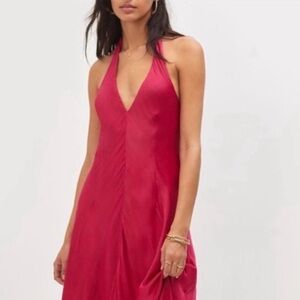 NWT Anthropologie Halter V-Plunge Satin Midi Slip Dress in Dark Pink